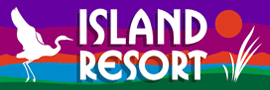 Island Resort logo with a heron, sun, and grass, on a colorful background.